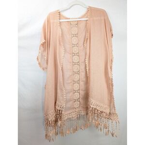 Boho Crochet Lace Tassel Fringe Kimono Cardigan Sz S Peach Festival Beach Indie
